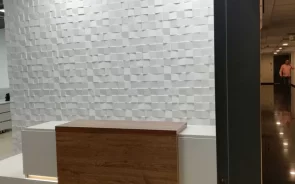 Diseño recepción con muro en 3D